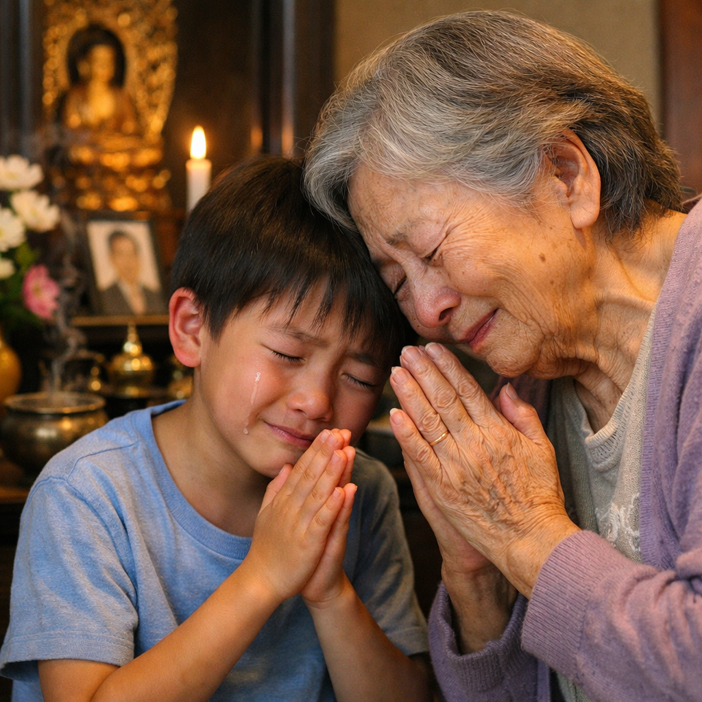 仏壇位牌に手を合わせる