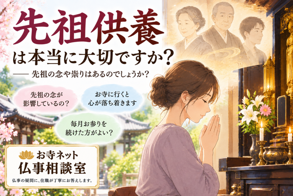 先祖の念や祟りを心配する方に、先祖供養の意味を住職が解説するイラスト