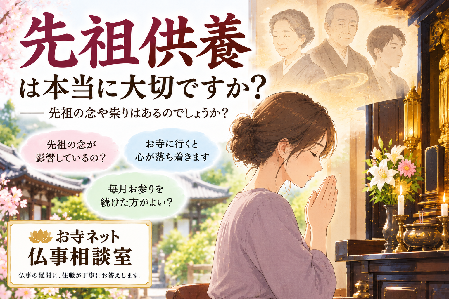 先祖の念や祟りを心配する方に、先祖供養の意味を住職が解説するイラスト