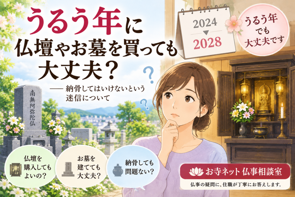 うるう年に仏壇やお墓を購入したり納骨したりしても大丈夫かを解説するイラスト