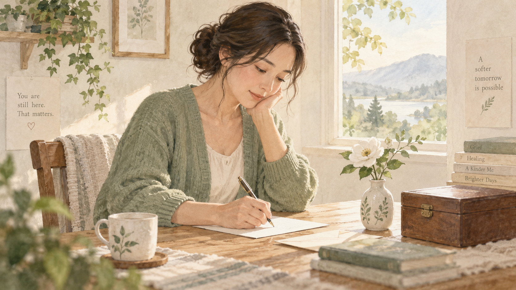 白い花と小さな思い出の箱をそばに置き、手紙を書く女性の水彩イラスト