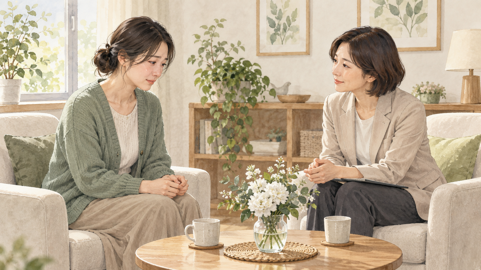 悲しみを抱える女性の話に相談員が静かに耳を傾ける水彩イラスト