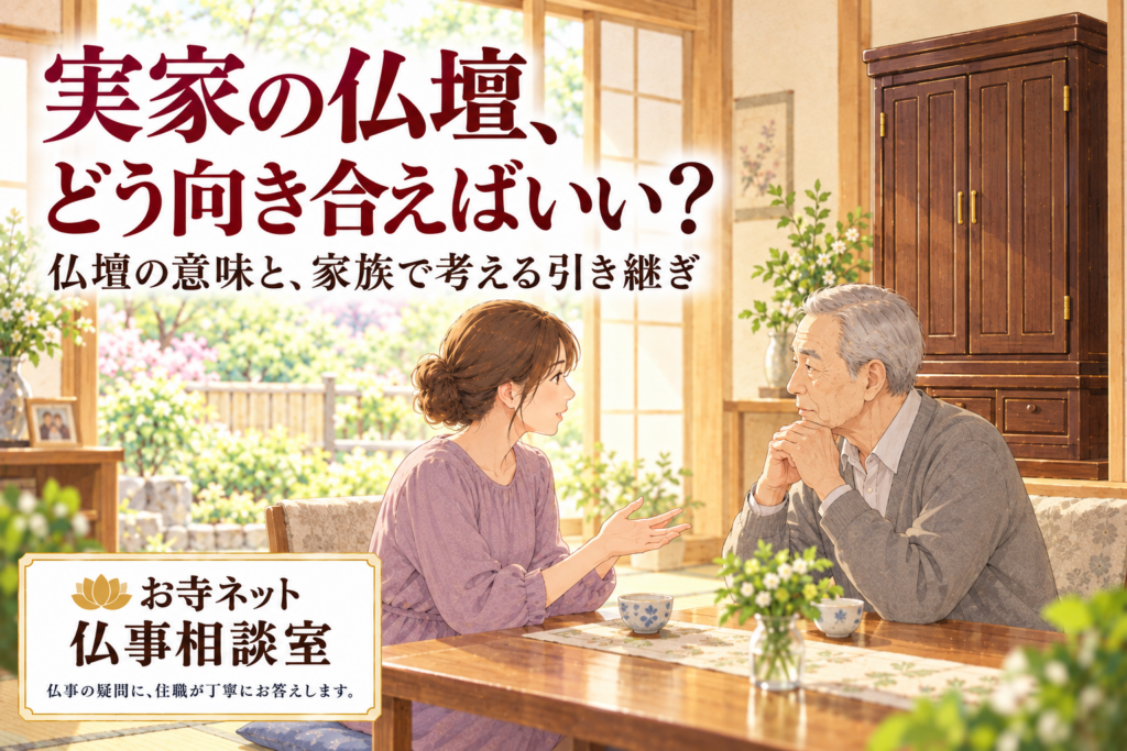 扉を閉じた実家の仏壇を背景に、父と娘が穏やかに話し合うイラスト。「実家の仏壇、どう向き合えばいい？」の見出しと、お寺ネット仏事相談室のロゴ。