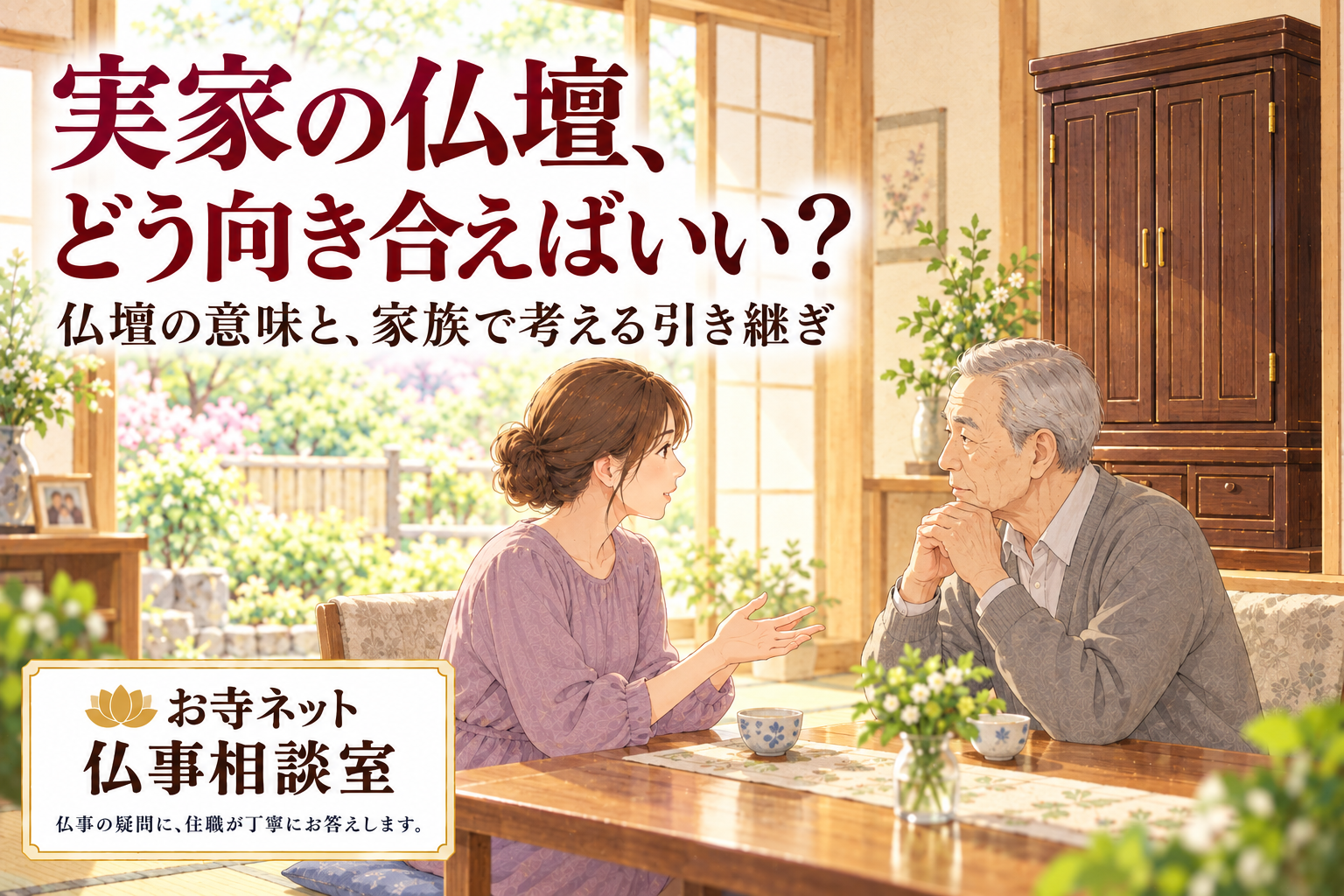扉を閉じた実家の仏壇を背景に、父と娘が穏やかに話し合うイラスト。「実家の仏壇、どう向き合えばいい?」の見出しと、お寺ネット仏事相談室のロゴ。