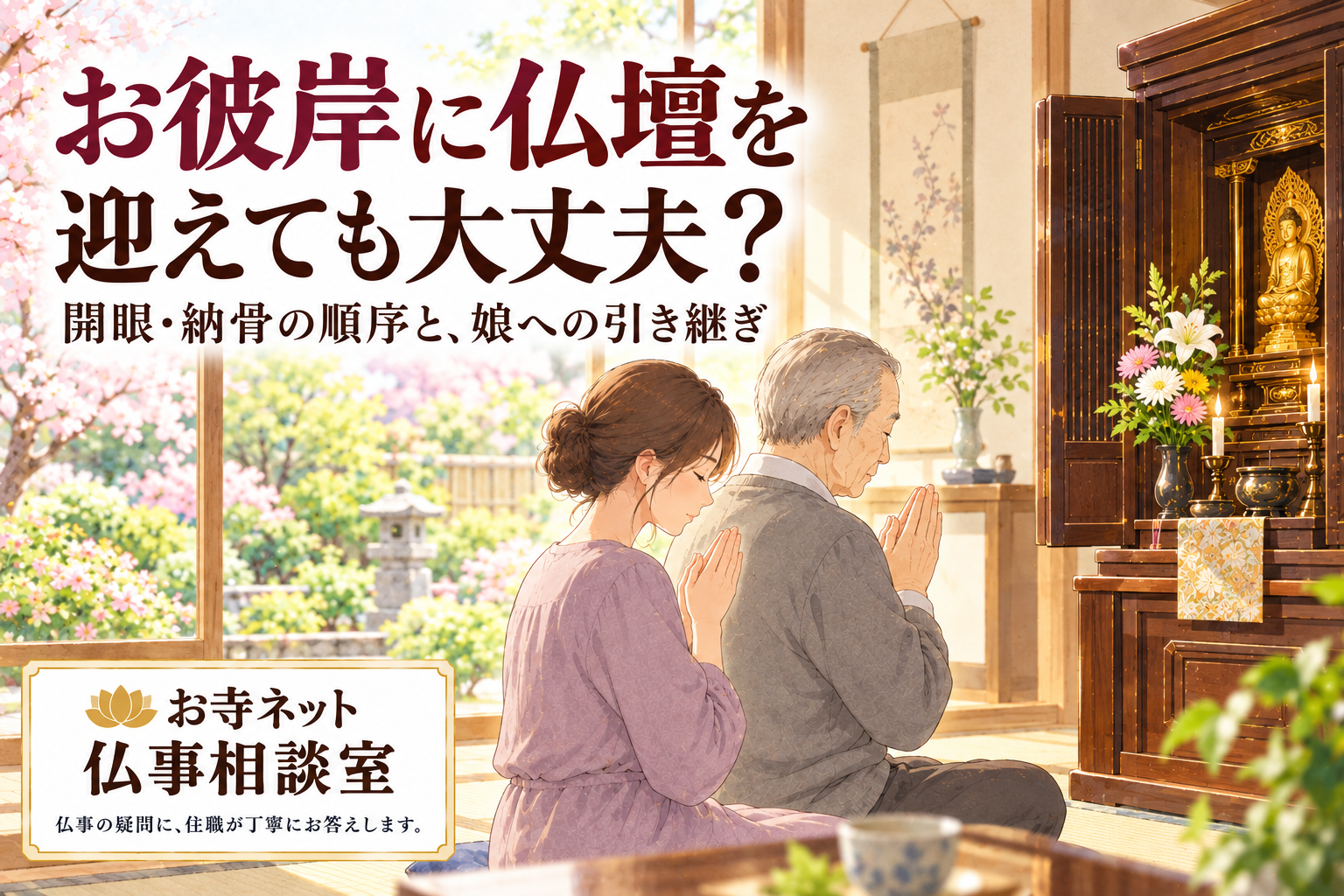 お彼岸に迎えた仏壇の前で父と娘が手を合わせるイラスト。「お彼岸に仏壇を迎えても大丈夫？」の見出しと、お寺ネット仏事相談室のロゴ。