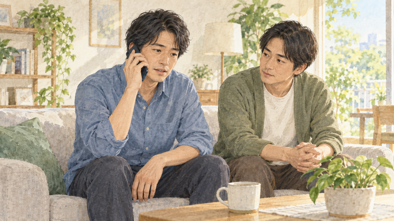 友人にそばにいてもらいながら電話で相談する男性の水彩イラスト