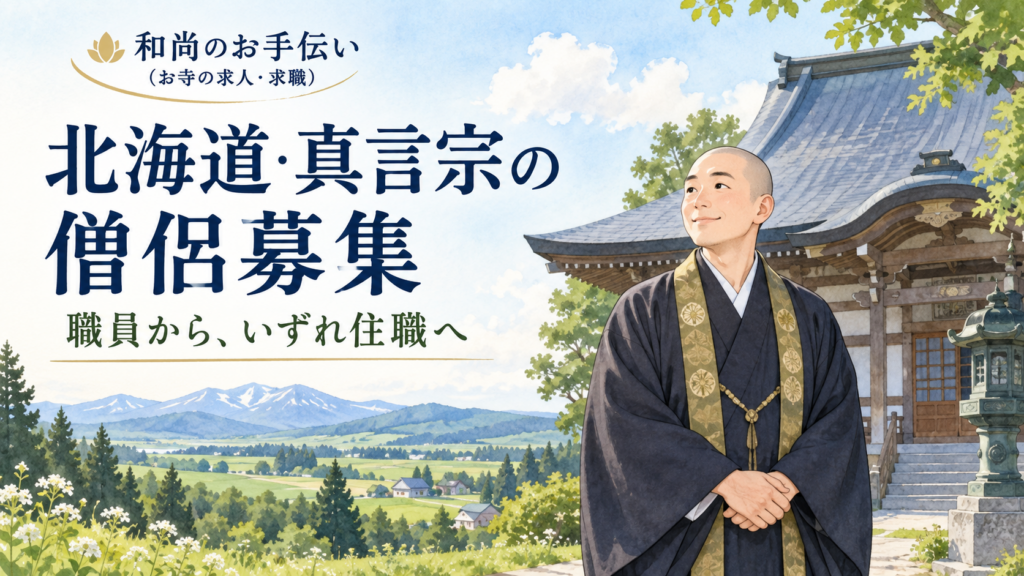 北海道の自然と寺院を背景にした僧侶のイラスト。「北海道・真言宗の僧侶募集」「職員から、いずれ住職へ」の文字。