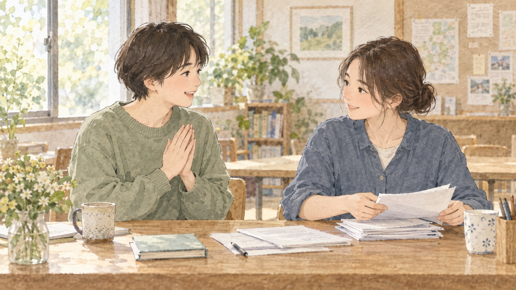 書類の整理を手伝ってくれた相手に感謝を伝える人の水彩イラスト