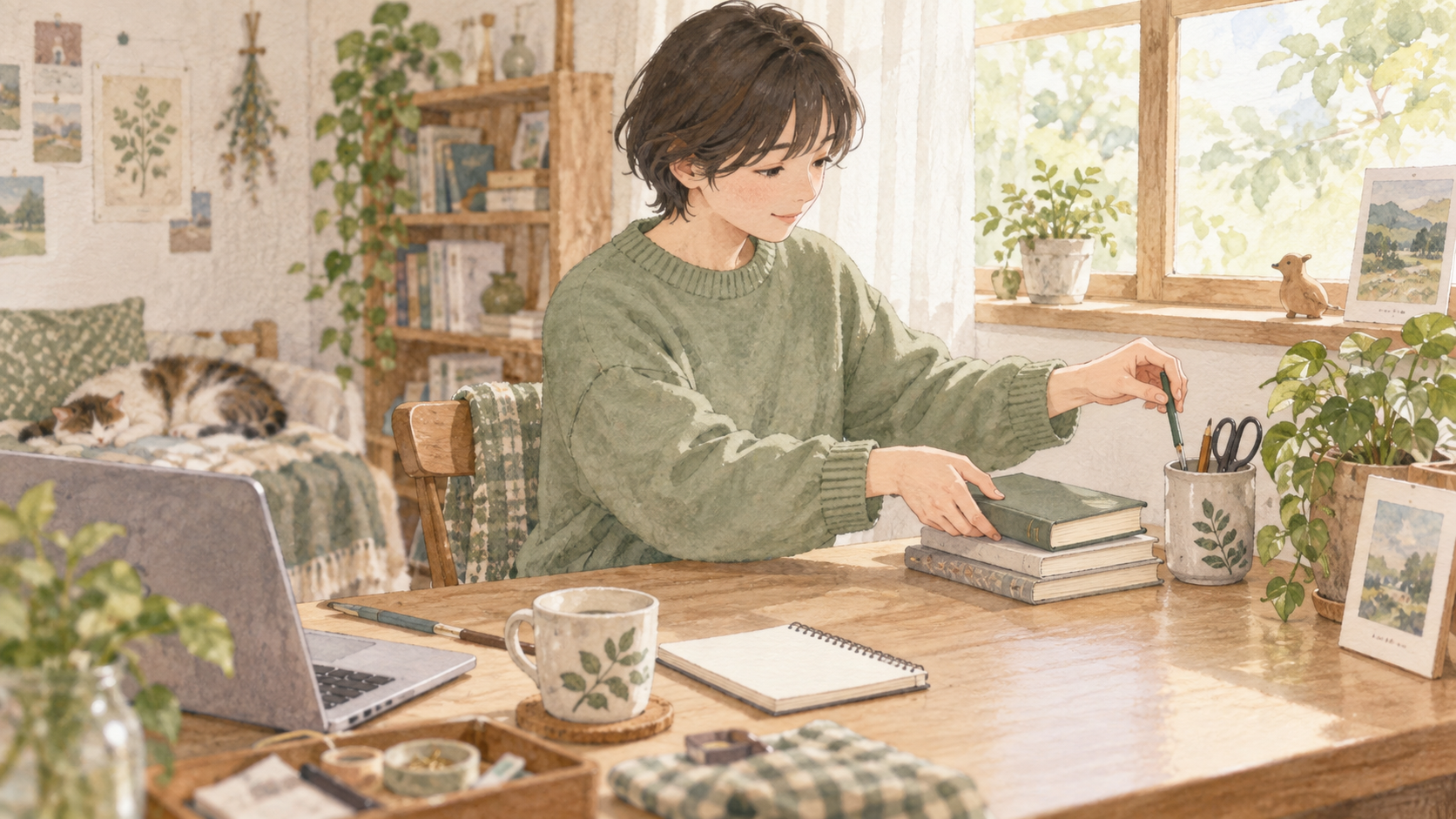 机の一角で本と筆記具を少しずつ片付ける人の水彩イラスト