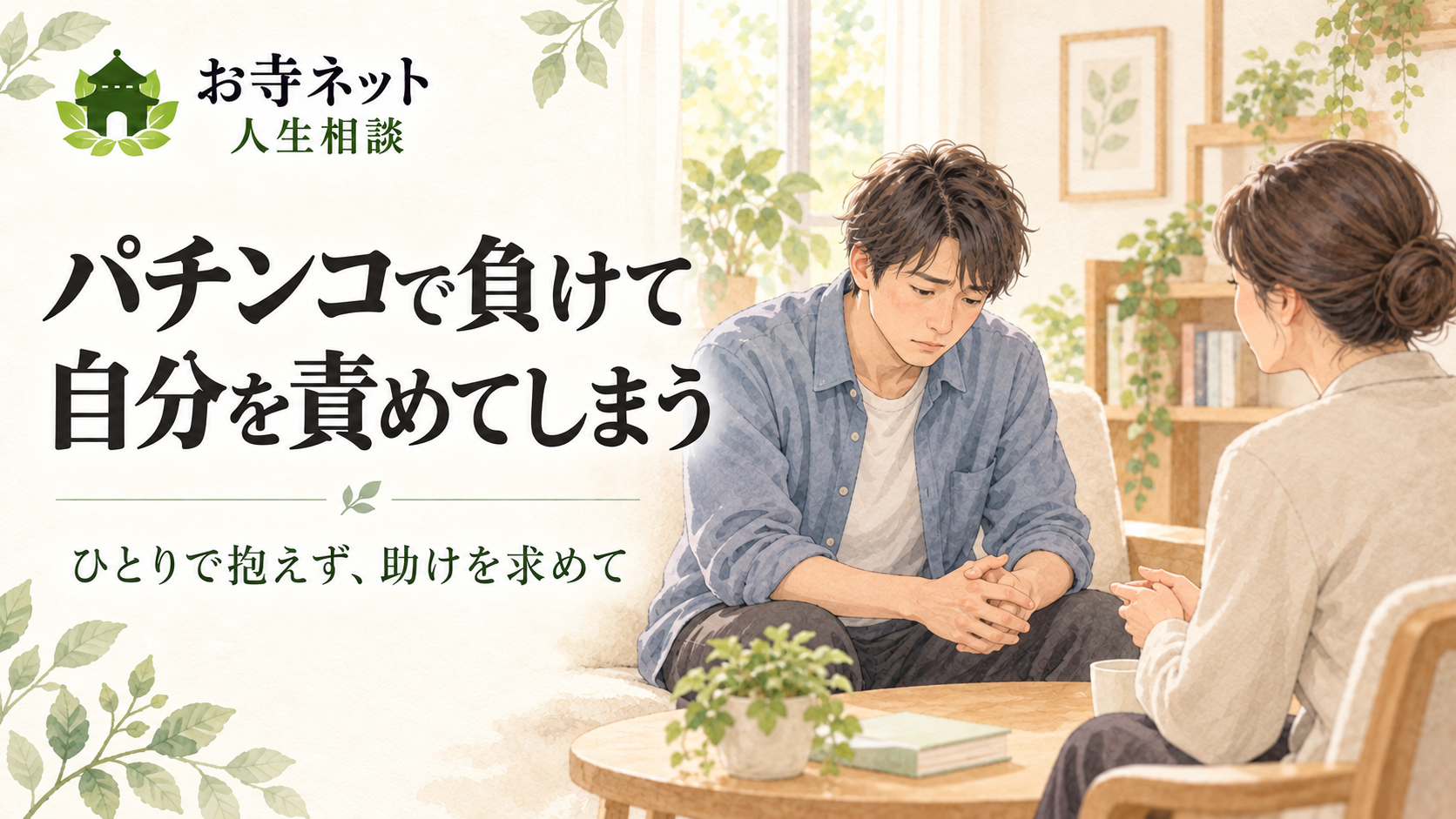 お寺ネット人生相談のロゴと「パチンコで負けて自分を責めてしまう」の文字、相談員に話す男性のイラスト