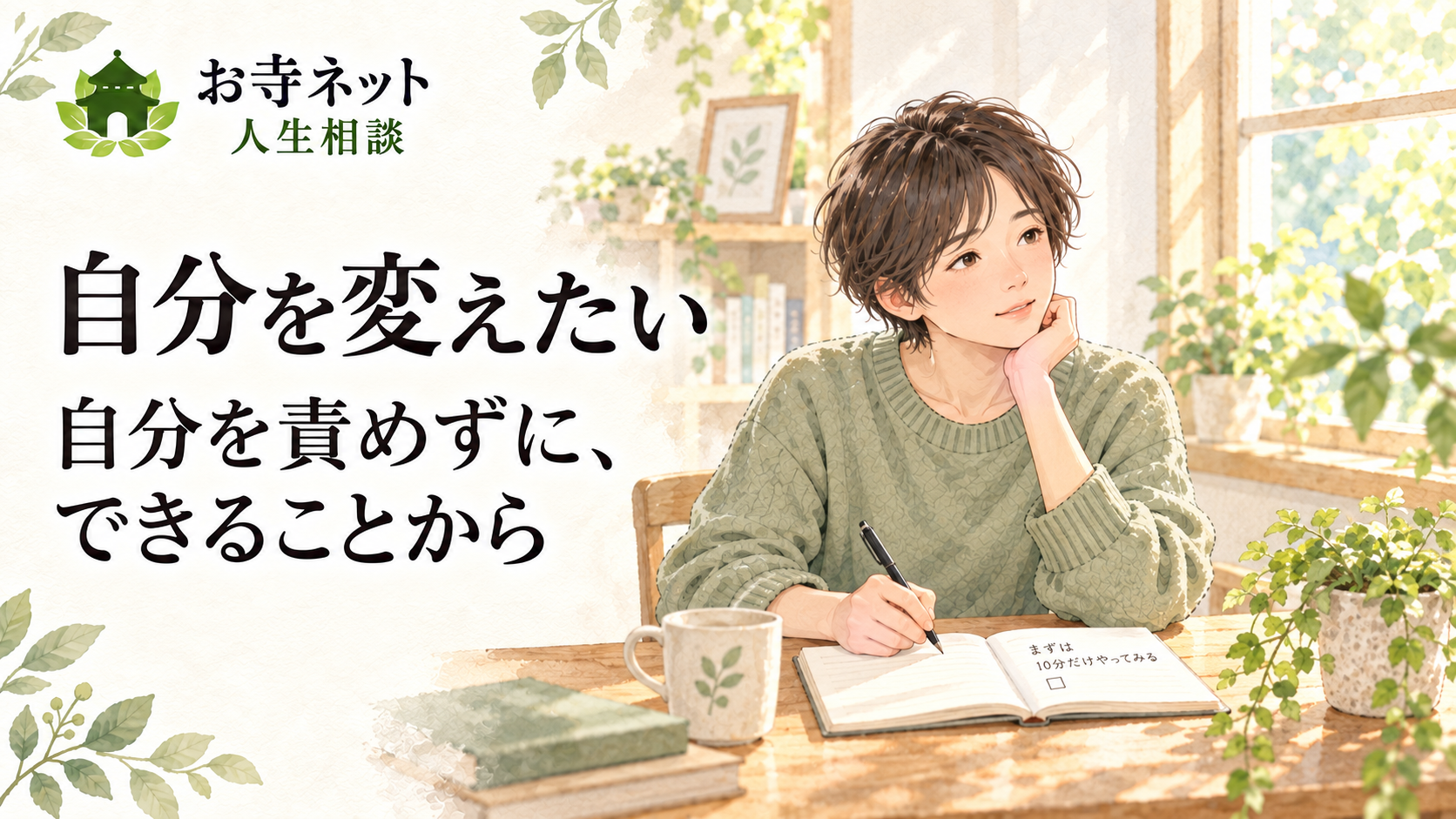 お寺ネット人生相談のロゴと「自分を変えたい」の文字、ノートに小さな目標を書く人の水彩イラスト