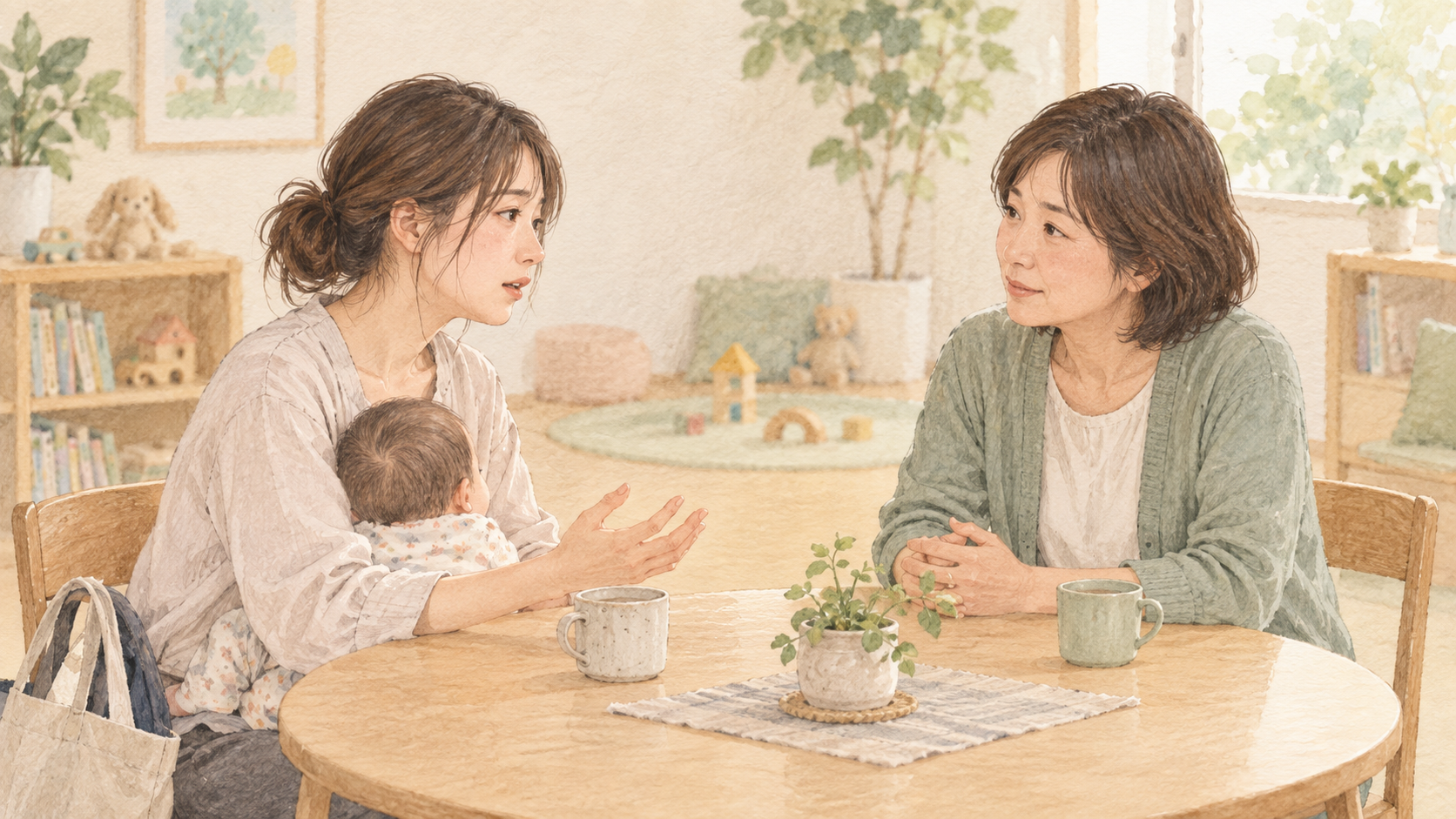 赤ちゃんを抱いた母親が、支援者に育児の悩みを話している水彩イラスト。