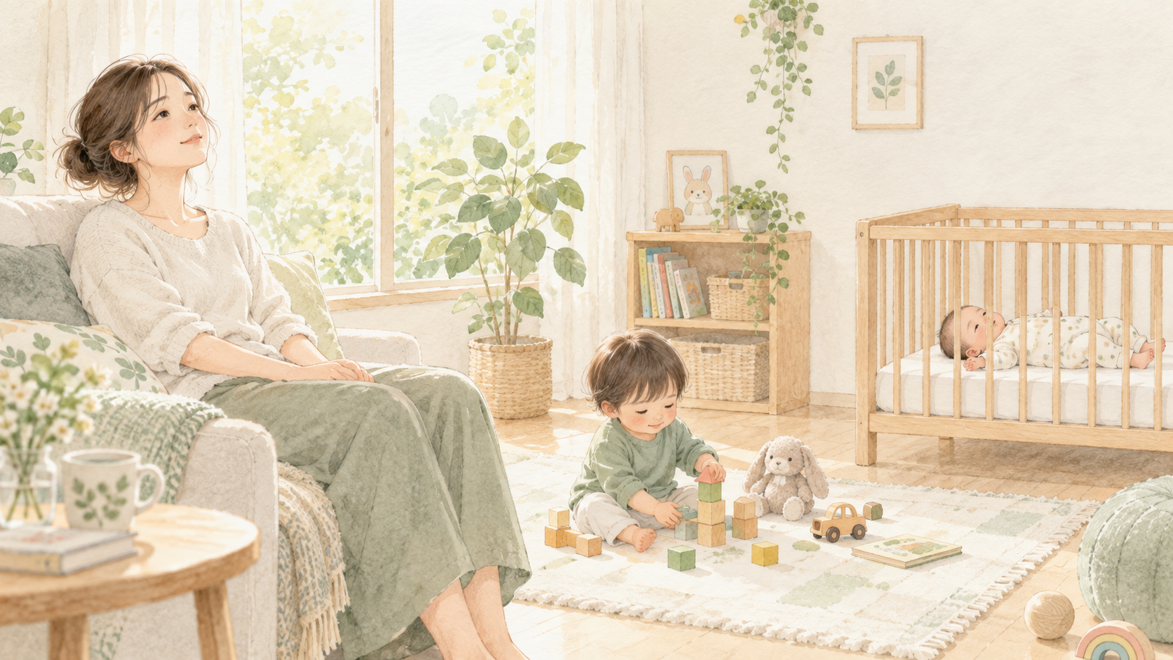 子どもたちのそばでひと呼吸する母親。幼児が床で遊び、赤ちゃんがベビーベッドで過ごす水彩イラスト。