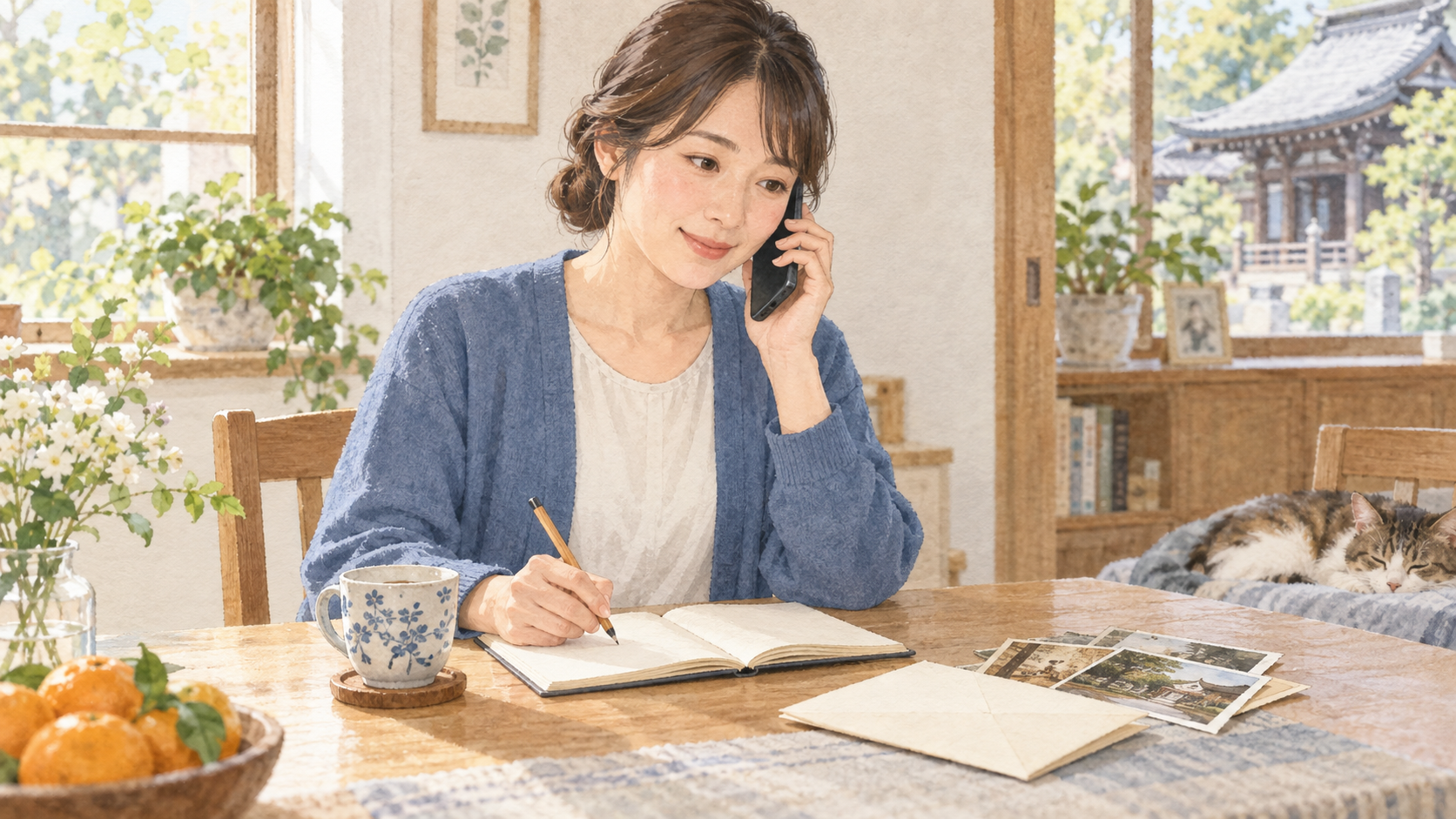 写真とメモ帳を手元に置き、お寺へ電話で相談する女性の水彩イラスト