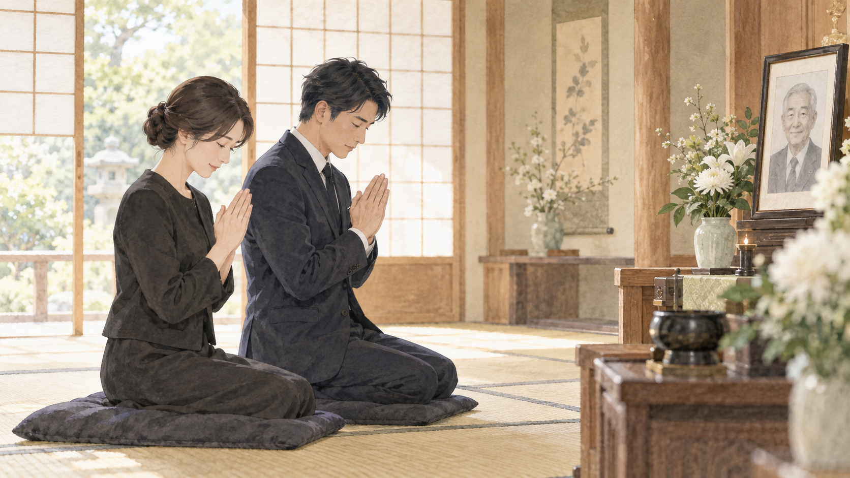 落ち着いた服装の男女が、三回忌の法要で故人をしのび静かに手を合わせる水彩イラスト。