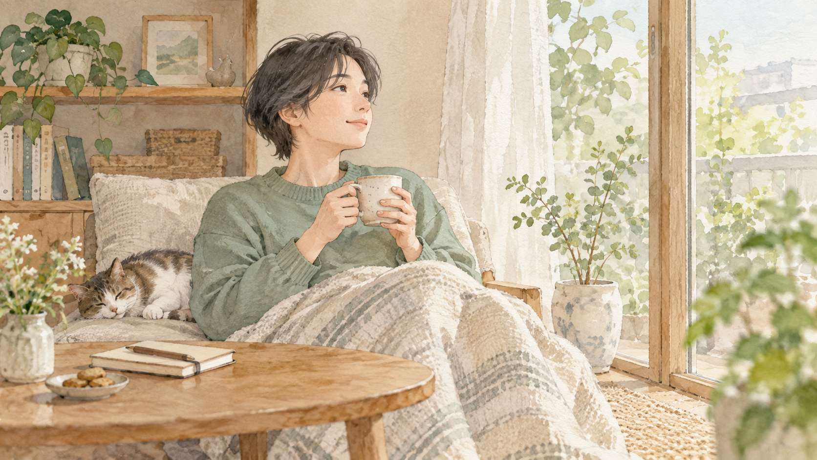 窓辺のソファで毛布をかけ、お茶を飲みながら休む人の水彩イラスト