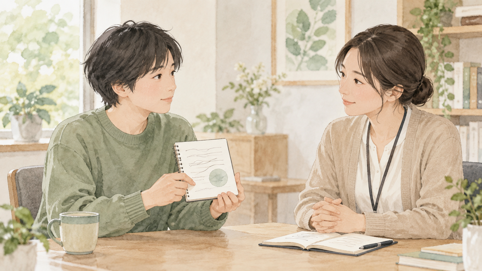 短いメモを見せながら相談員に困りごとを伝える人の水彩イラスト