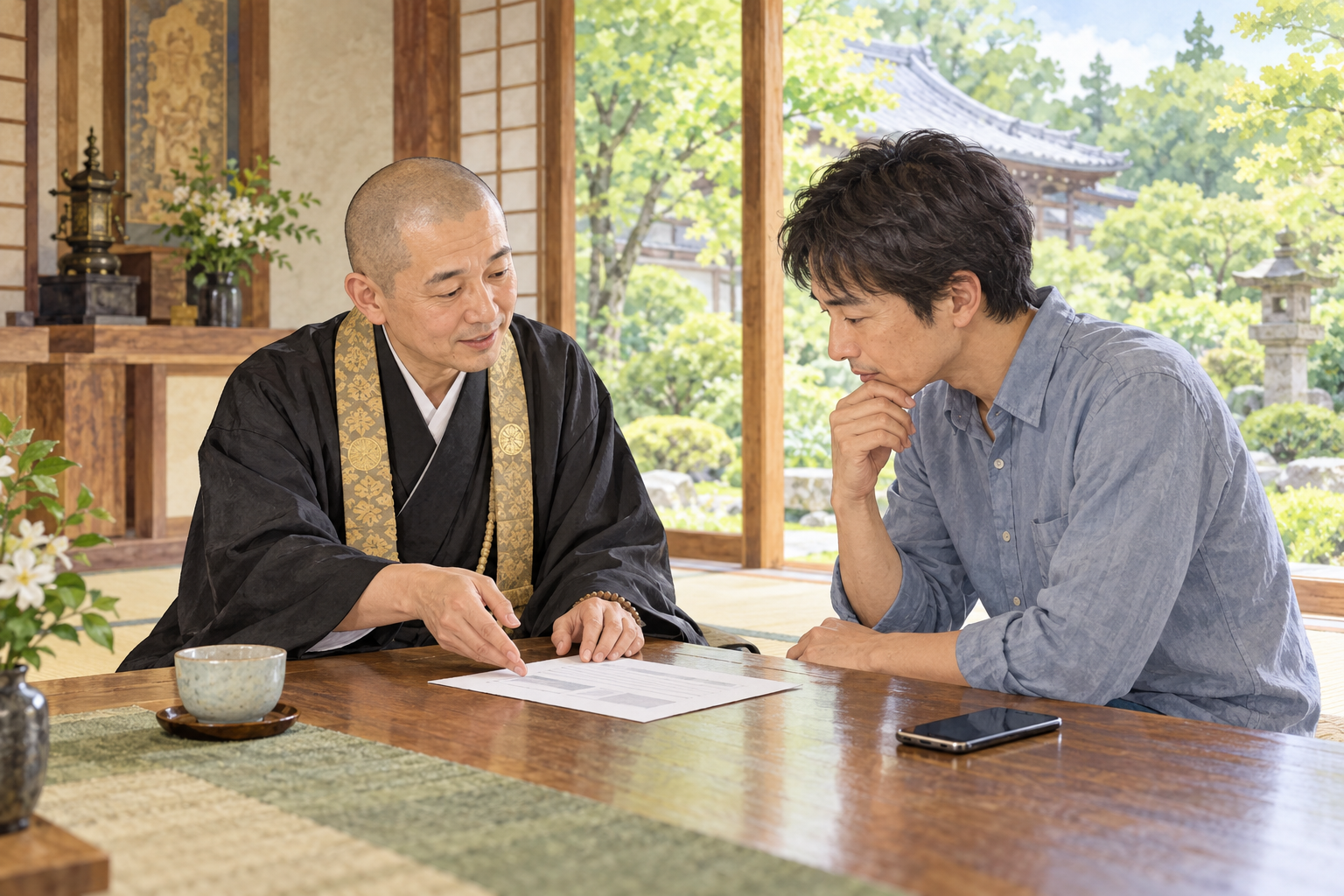 お寺の座敷で、僧侶と相談者がメモを見ながら専門的な相談先を確認する様子