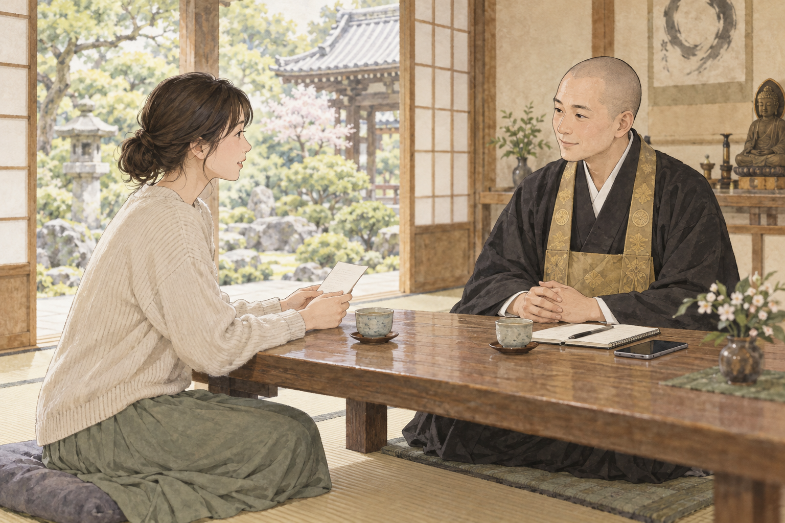 日本のお寺で短いメモを手に僧侶に相談する女性