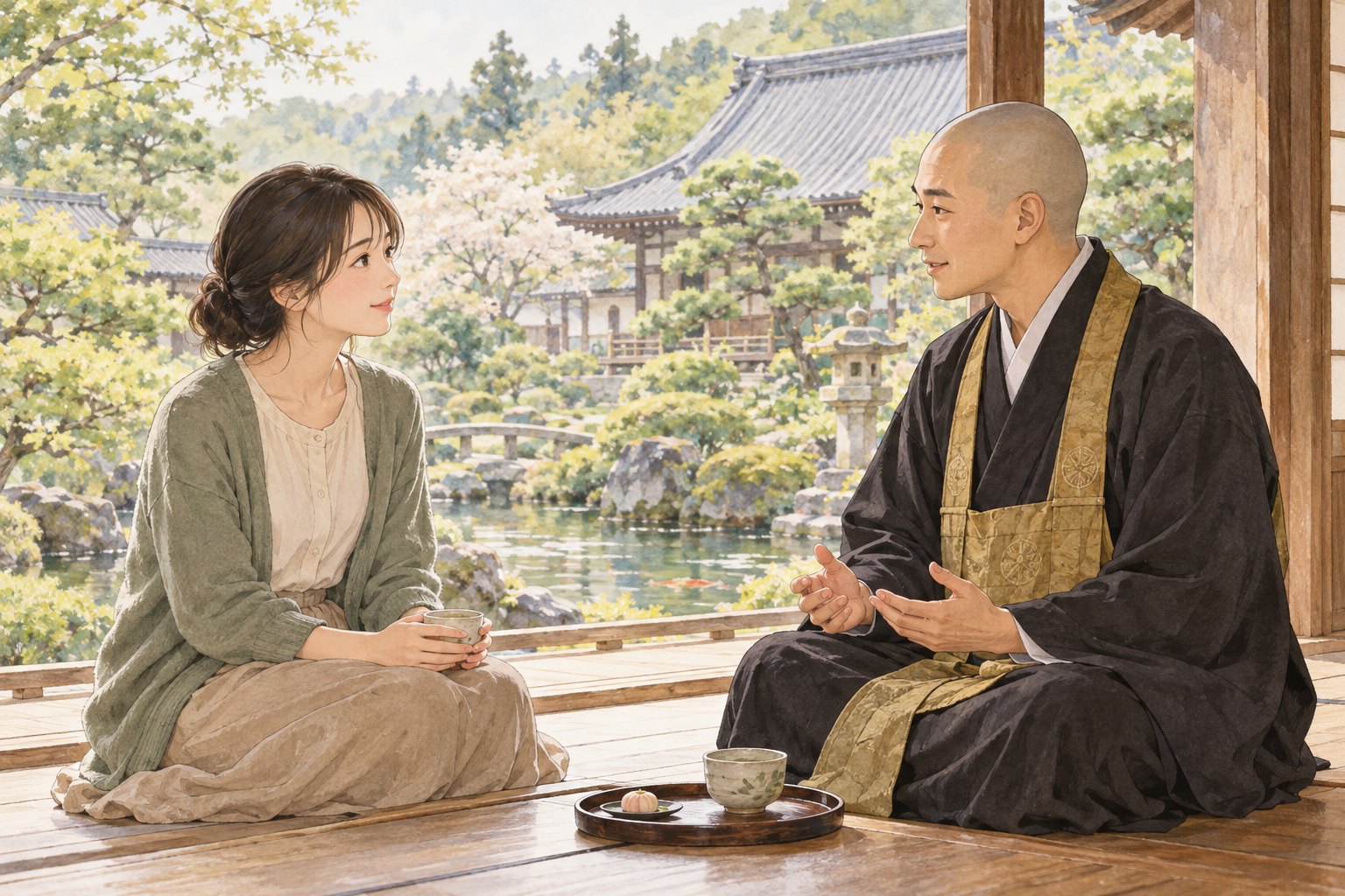 日本のお寺の縁側で黒い法衣と袈裟の僧侶に話す女性