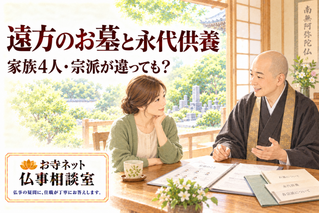 家族の記録を前に、遠方のお墓と4人の永代供養について僧侶に相談する女性の水彩イラスト。お寺ネット仏事相談室のロゴ入り。