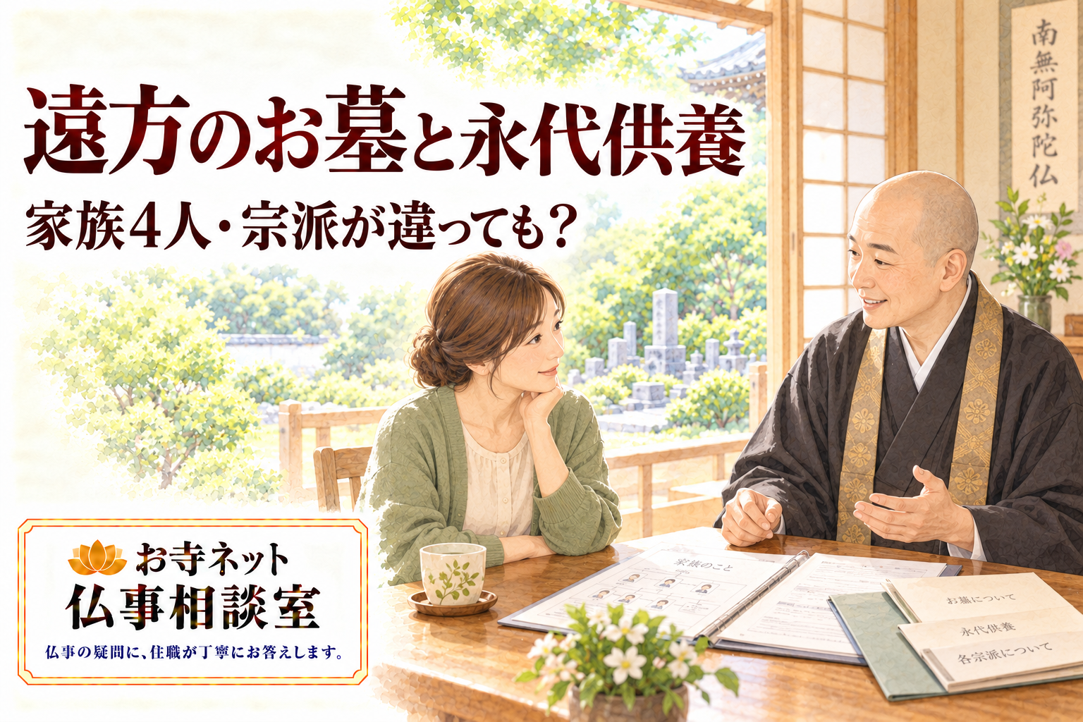 家族の記録を前に、遠方のお墓と4人の永代供養について僧侶に相談する女性の水彩イラスト。お寺ネット仏事相談室のロゴ入り。