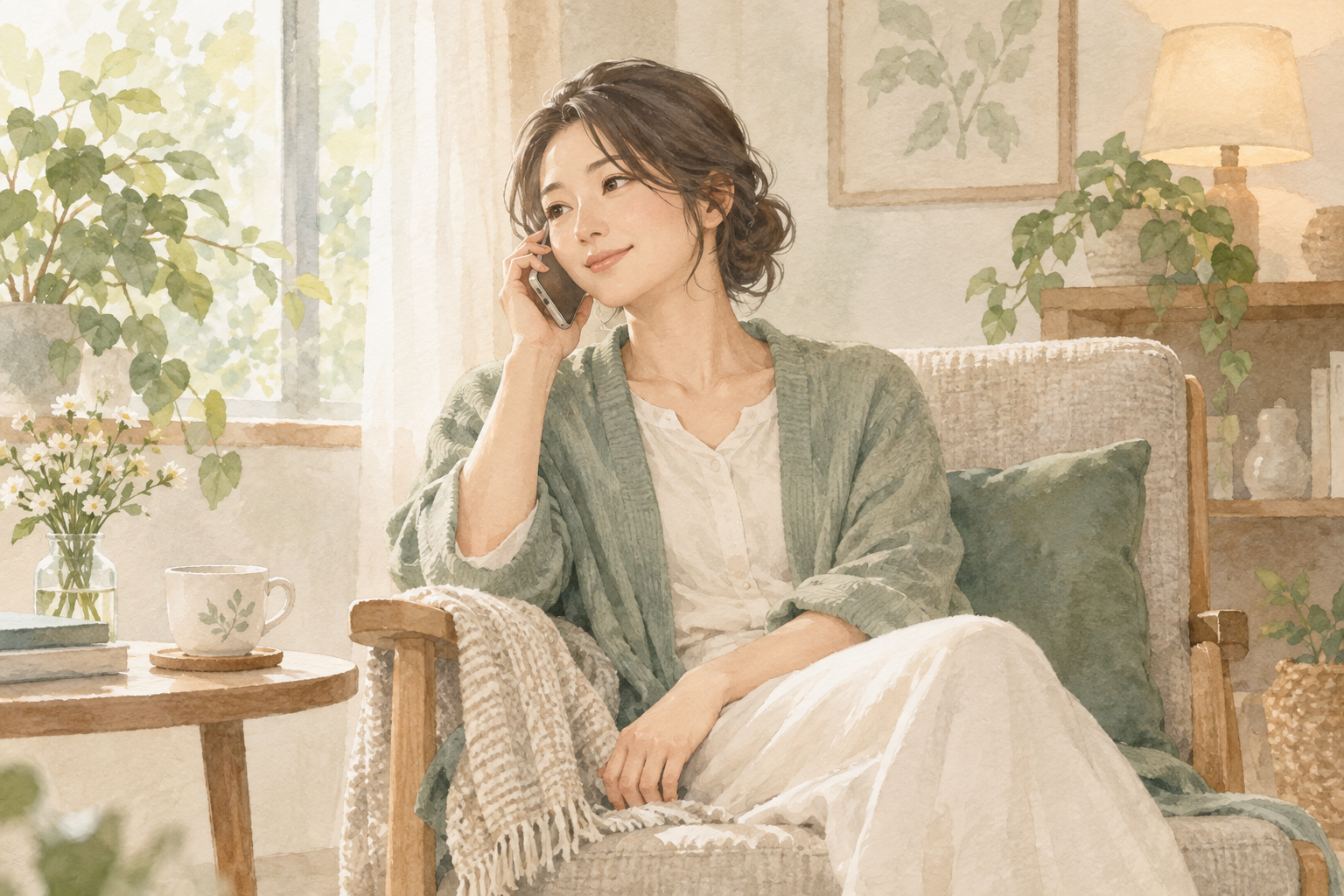 静かな部屋の椅子に座り、携帯電話で相談する女性の水彩イラスト