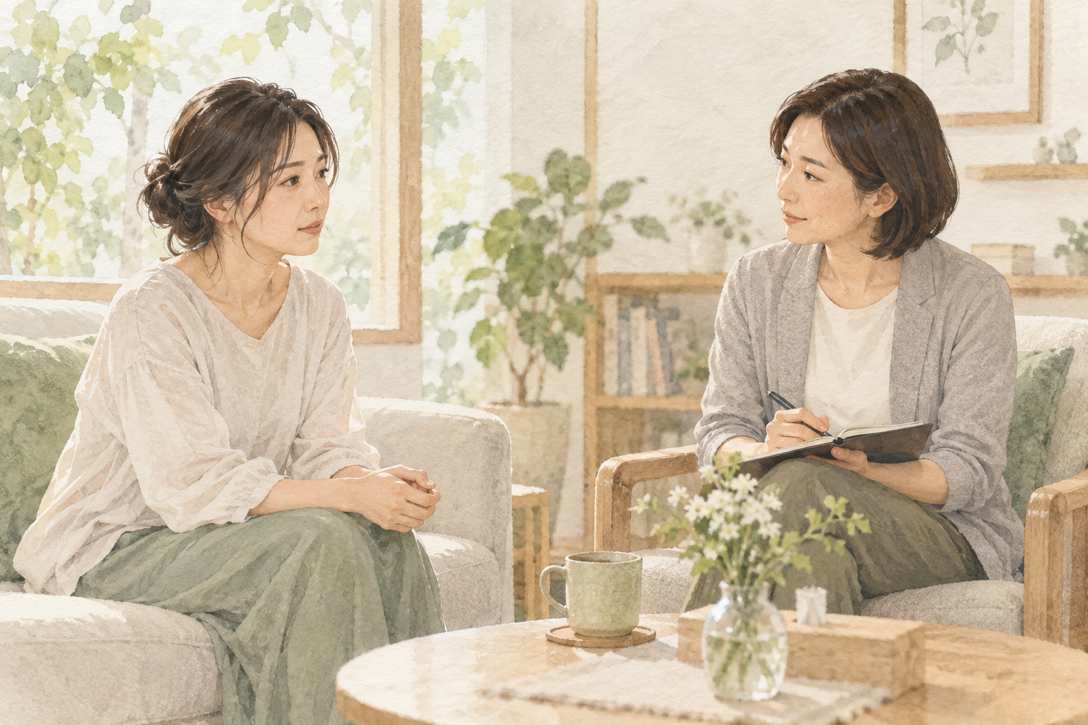 明るい相談室で女性の話に相談員が耳を傾ける水彩イラスト
