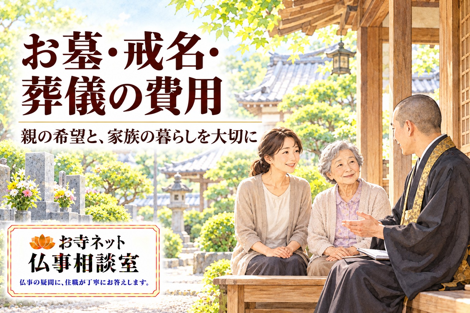 お寺の縁側で母と娘が僧侶に相談する姿と、お墓・戒名・葬儀の費用の見出し、お寺ネット仏事相談室のロゴ