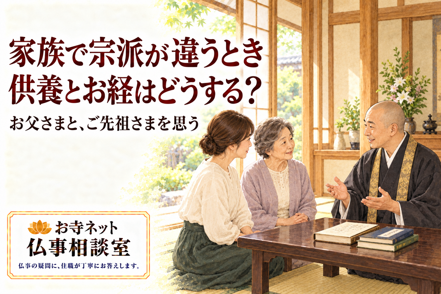 宗派が違う家族の供養について、寺の和室で母娘が僧侶に相談するイラスト。お寺ネット仏事相談室のロゴ入り。