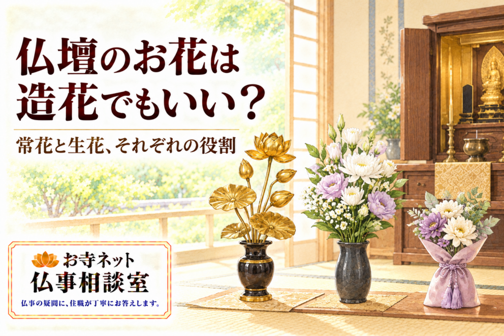 金色の蓮の常花、生花、布製の花束を仏壇の前に並べた水彩イラスト。お寺ネット仏事相談室のロゴ入り。