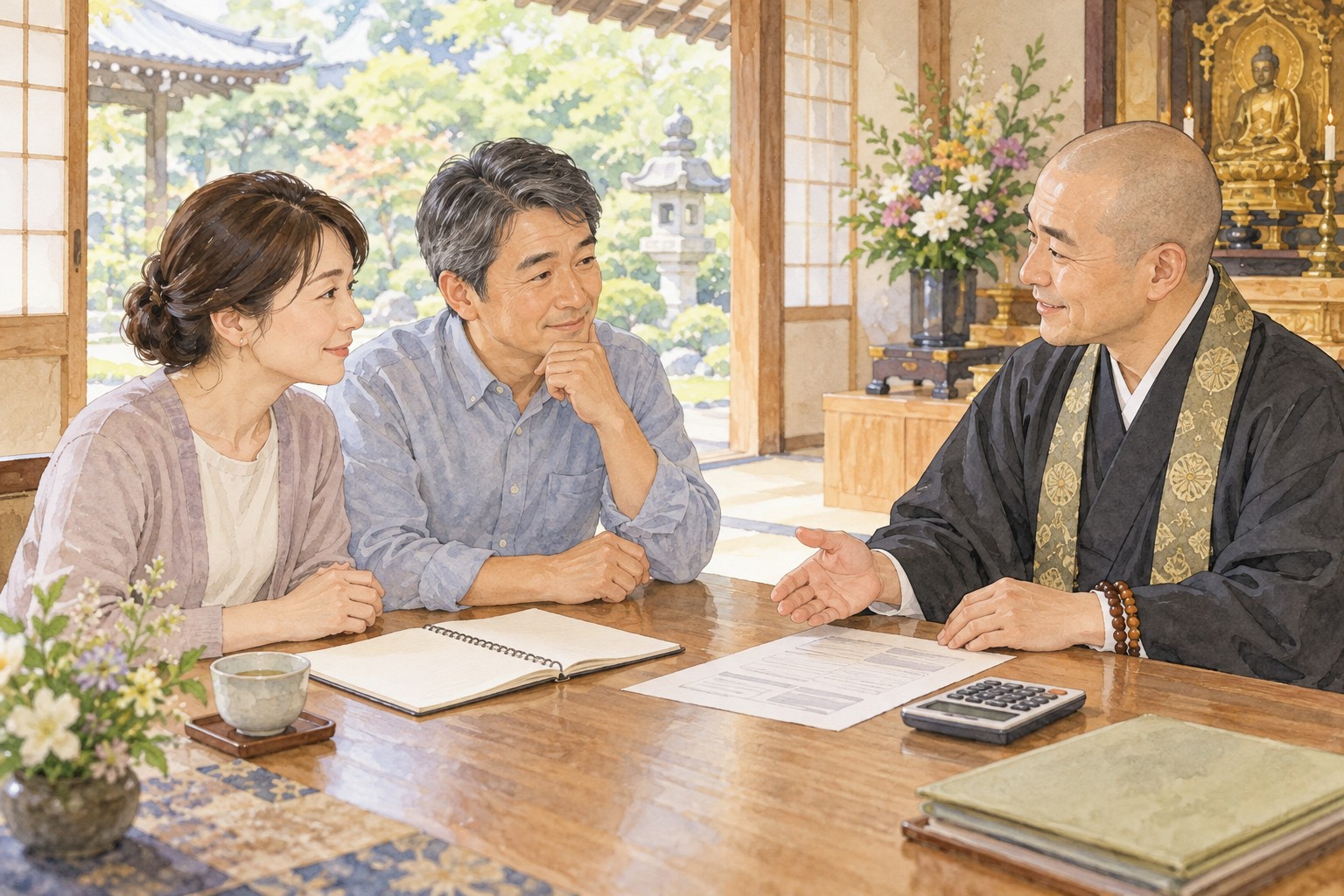 見積書とノートを前に、夫婦がお寺の僧侶と葬儀や供養の予算を相談する様子