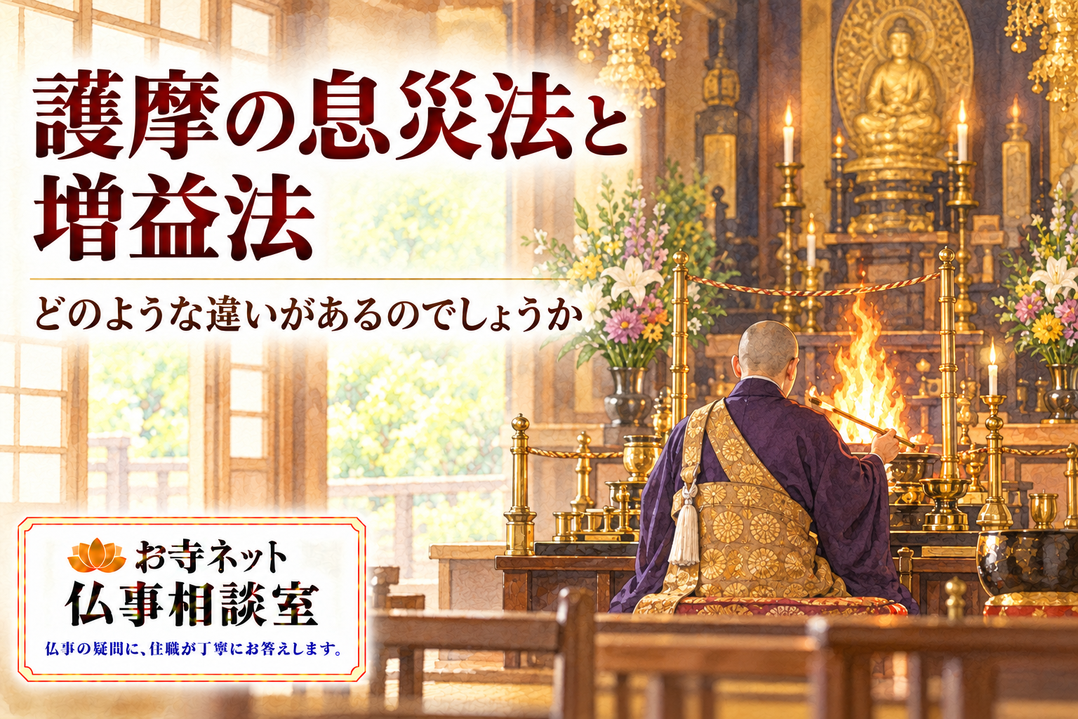 お寺で護摩を修する僧侶の後ろ姿と、息災法・増益法の見出し、お寺ネット仏事相談室のロゴ