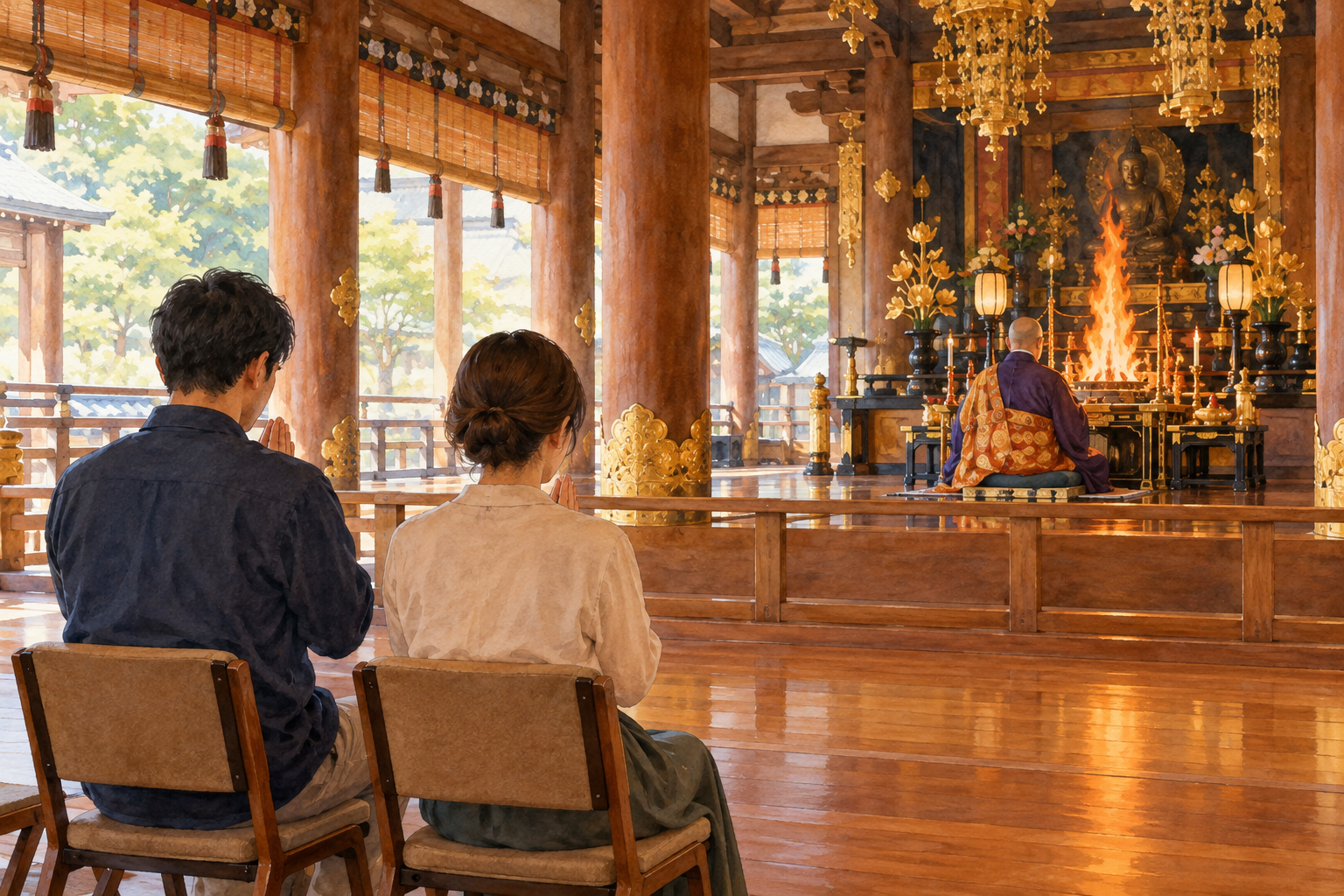 本堂の参拝席から、護摩を修する僧侶に向かって静かに合掌する二人の参拝者