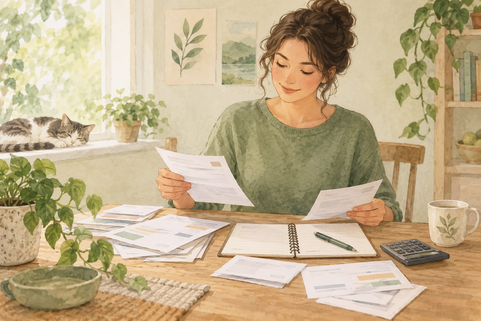 女性が自宅の机で家計の書類とノートを整理する水彩イラスト