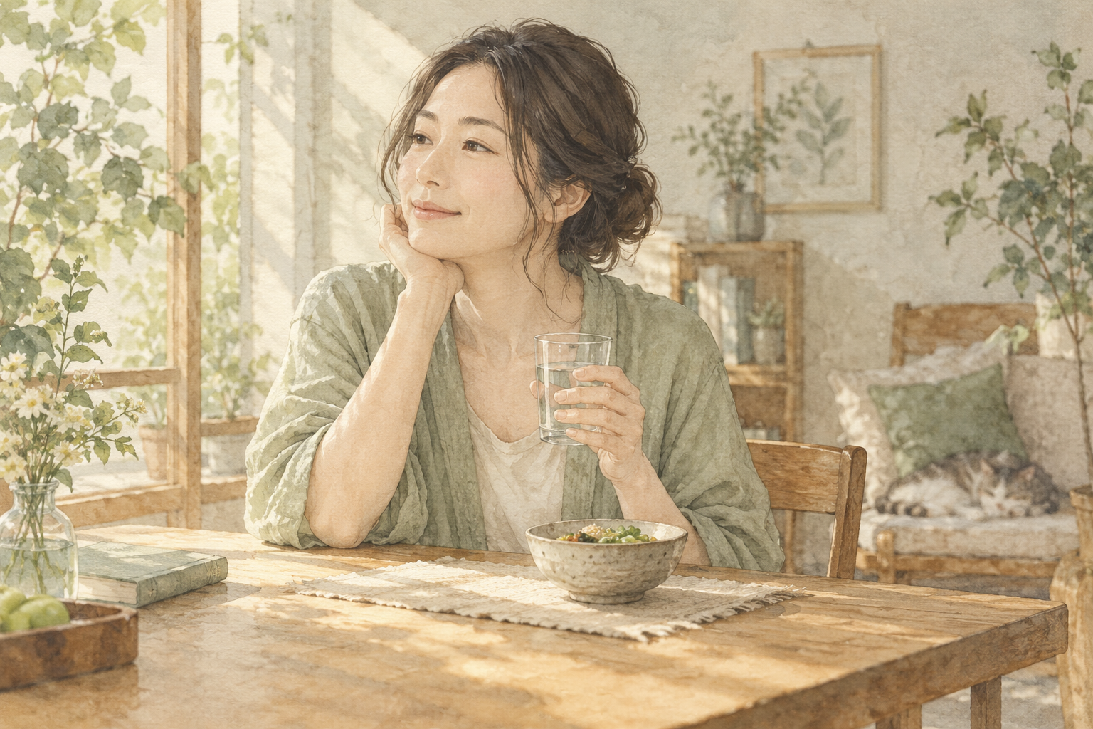 水を持ち、食事の置かれた明るい食卓で休む女性の水彩イラスト
