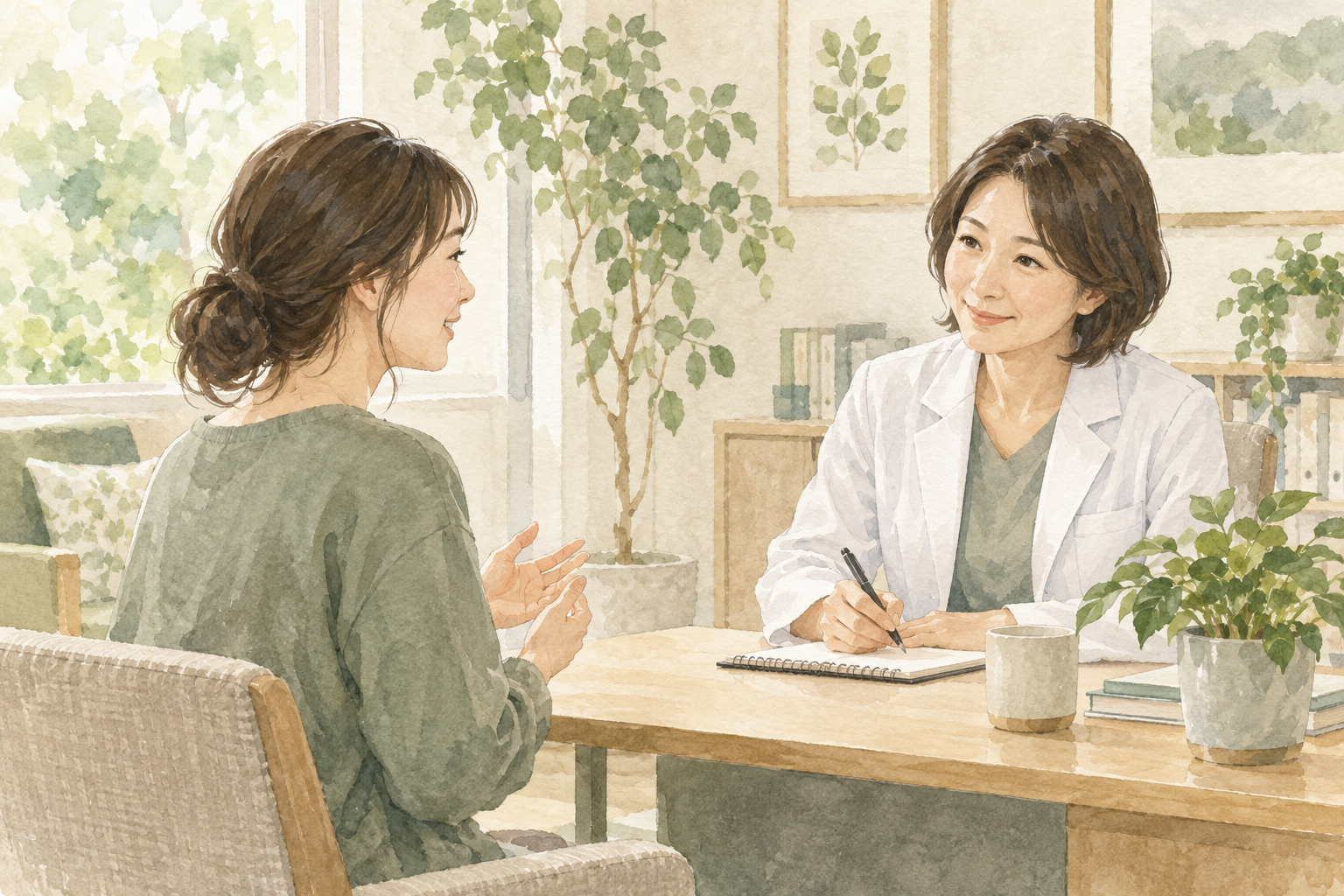明るい相談室で、女性が医療者に気持ちを話す水彩イラスト