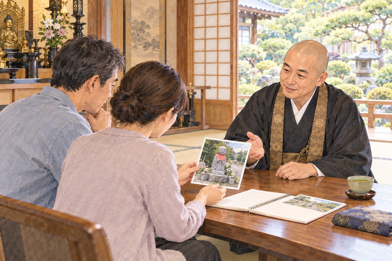 お地蔵さまの写真とノートを持参し、お寺で僧侶に今後のおまつりを相談する家族