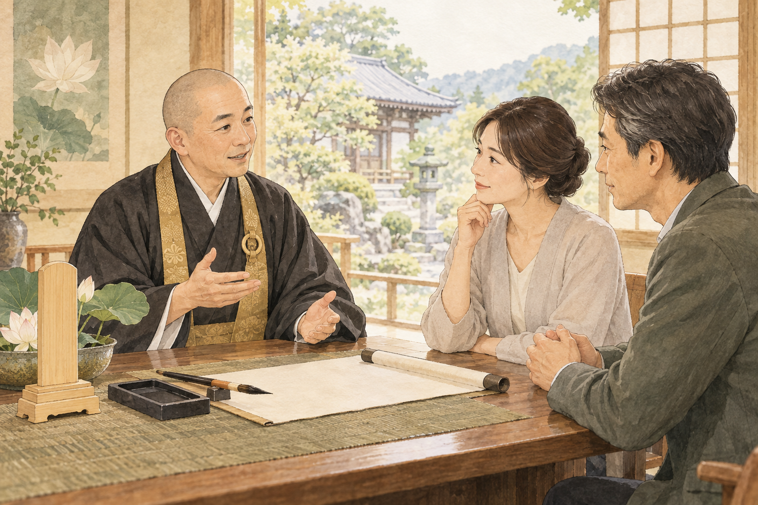 戒名について僧侶に本人の歩みや希望を相談する家族のイラスト