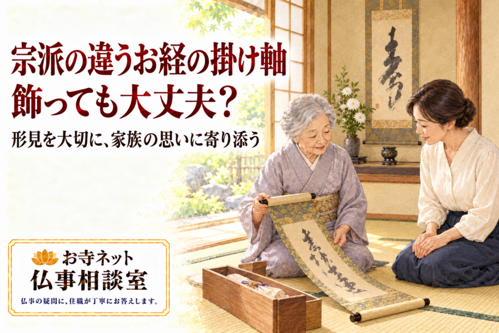 明るい和室で、年配の女性と成人女性が形見の掛け軸を囲んで穏やかに話す水彩イラスト。お寺ネット仏事相談室のロゴ付き。