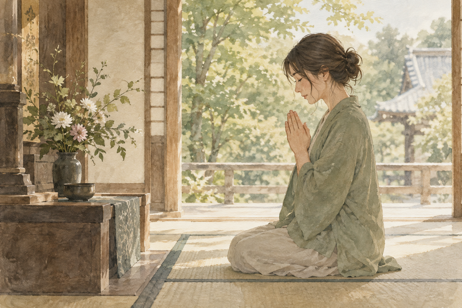 寺院の静かな部屋で、花のそばに座り手を合わせる女性の水彩イラスト