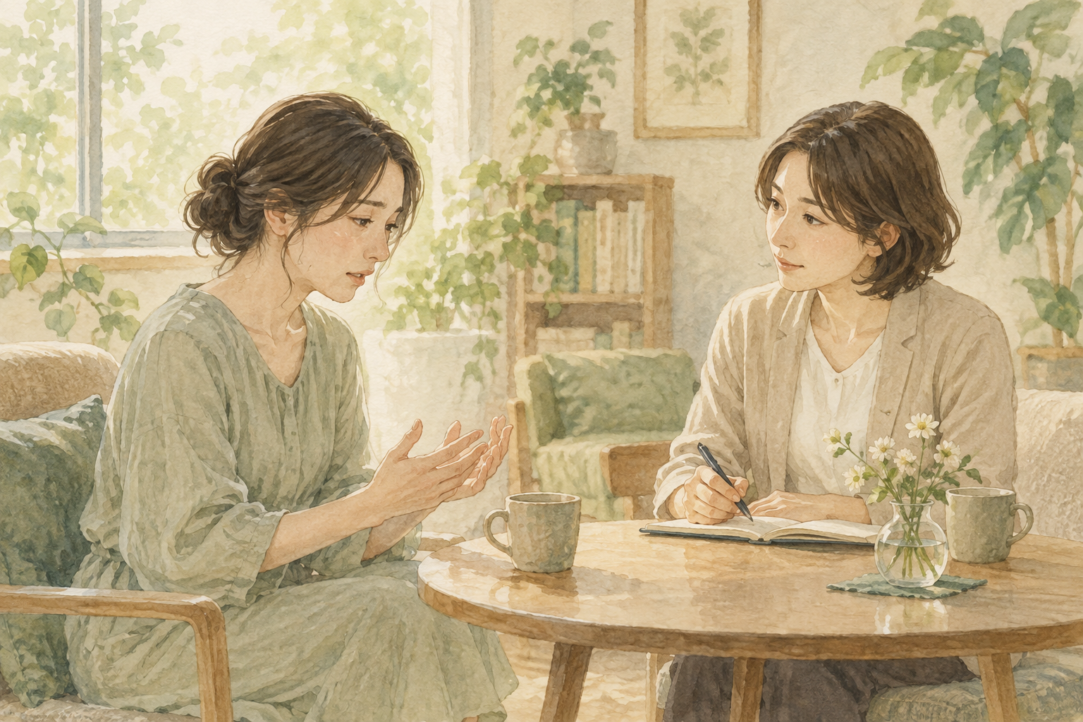 明るい相談室で、女性が話を聞く相手に気持ちを伝える水彩イラスト