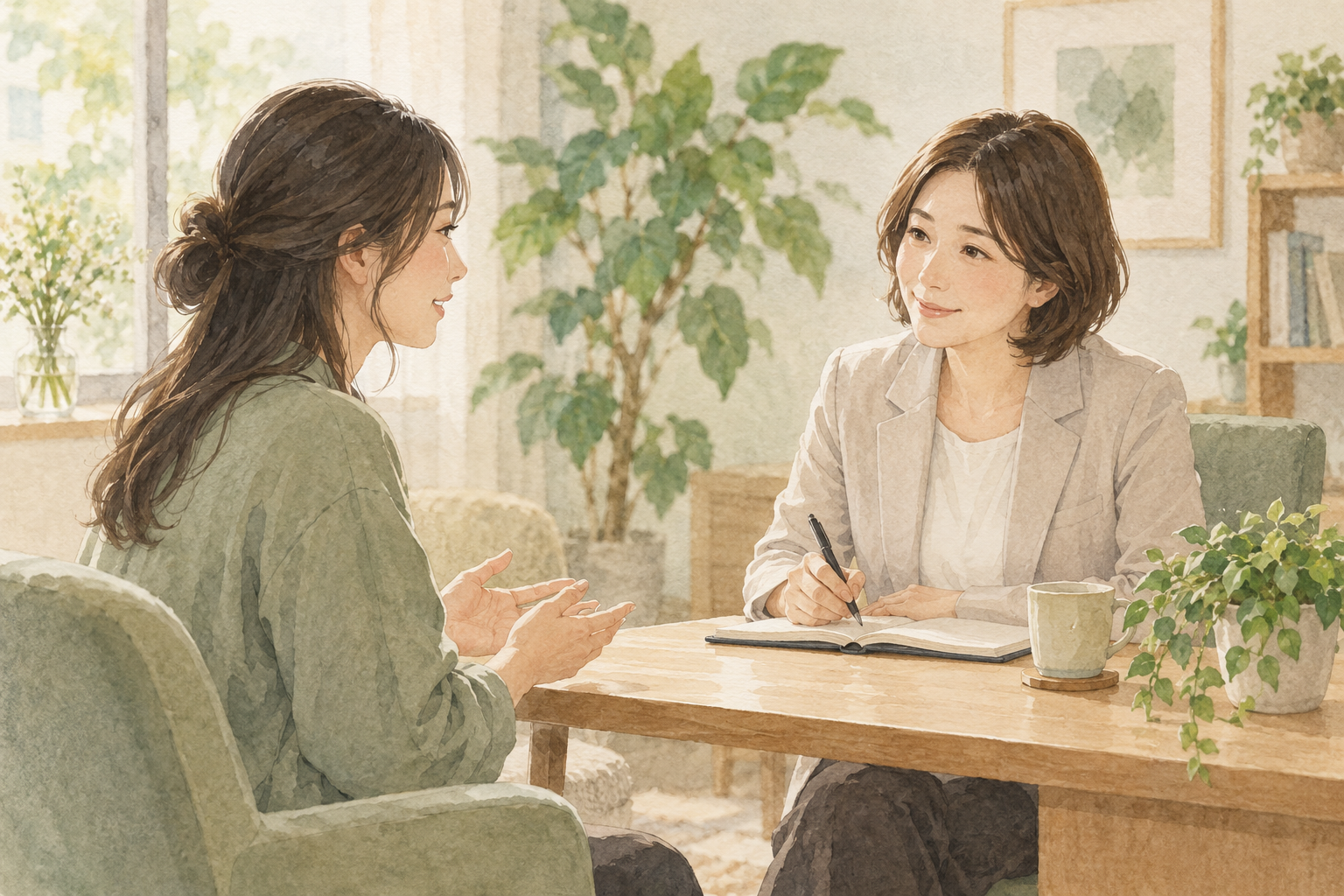 明るい相談室で、女性の話に相談員が静かに耳を傾ける水彩イラスト