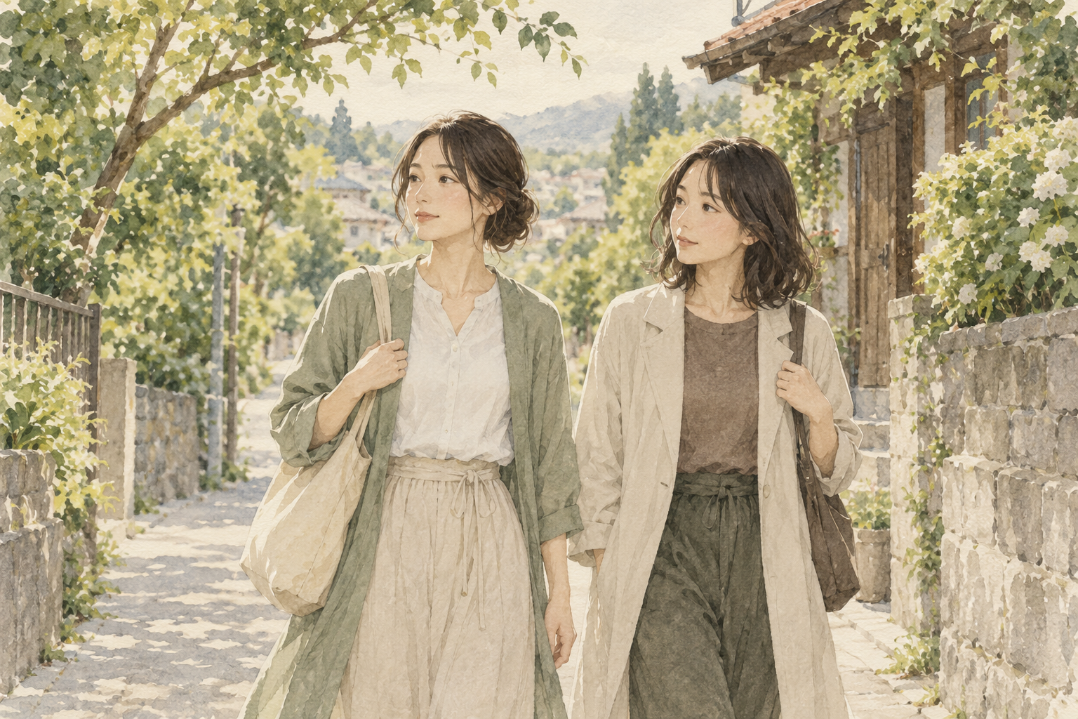 静かな緑のある道を、女性が信頼できる同行者と歩く水彩イラスト