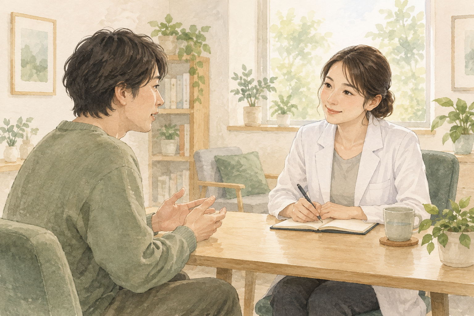 明るい診察室で、相談者の話を医療者が静かに聞く水彩イラスト