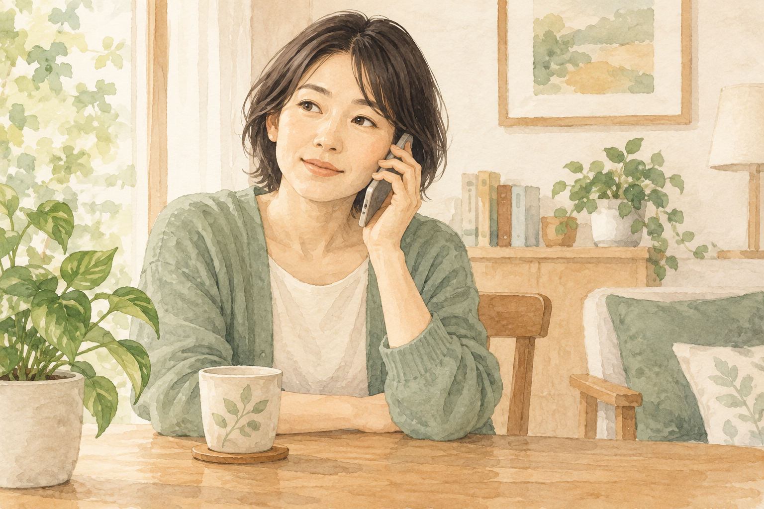 穏やかな室内で、携帯電話を使って相談する成人の水彩イラスト