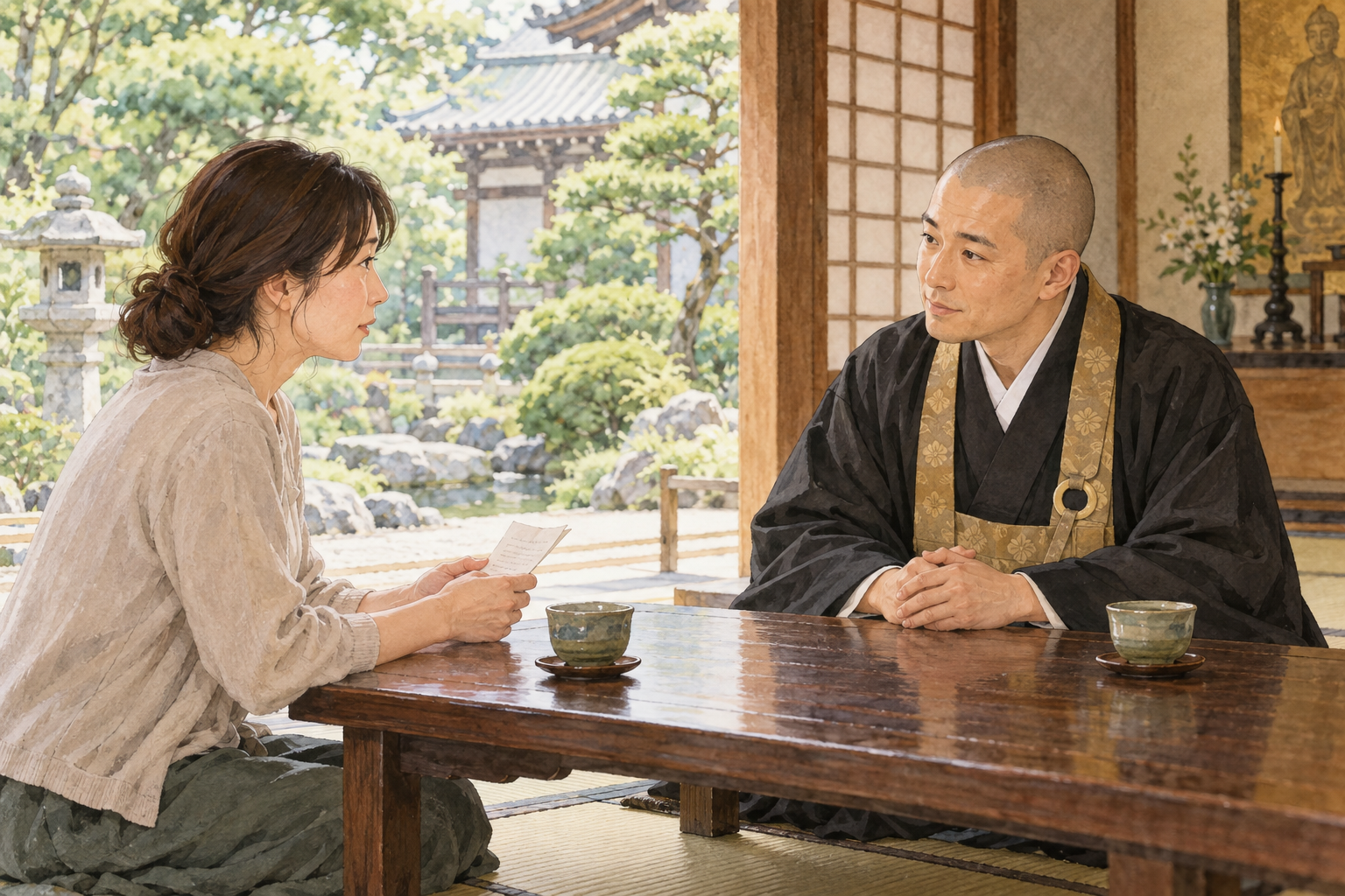 家族の悩みをメモにして日本のお坊さんに相談する母親