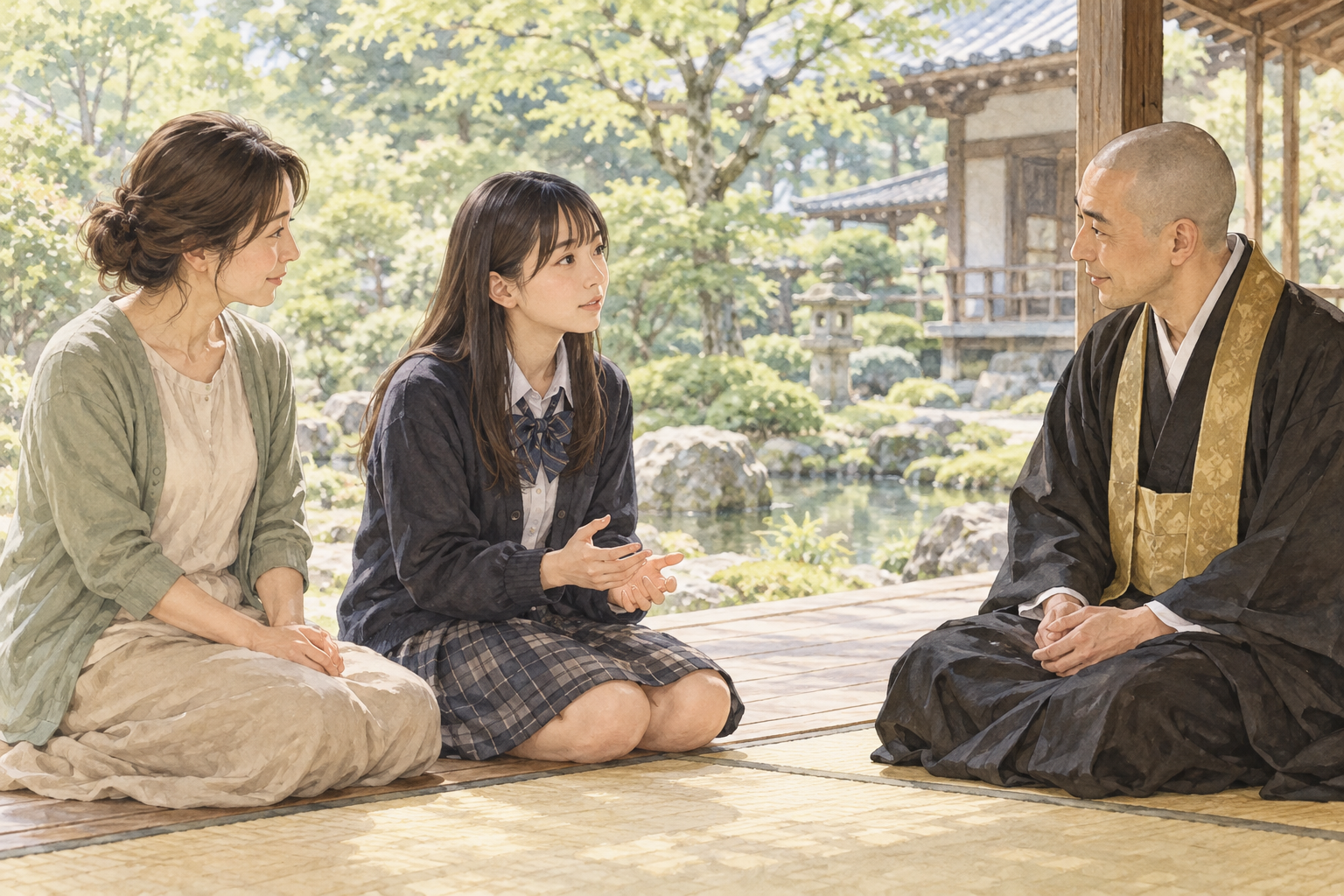 日本のお寺で高校生の娘の話を母と僧侶が聴く