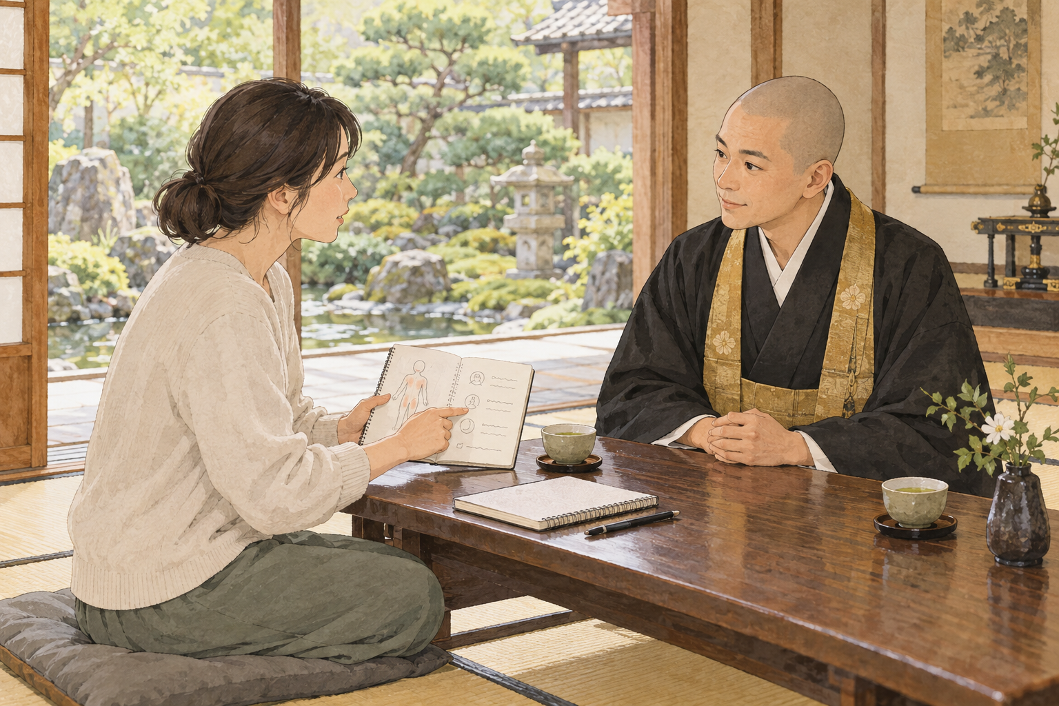 日本のお寺で症状のメモを見せて僧侶に相談する人