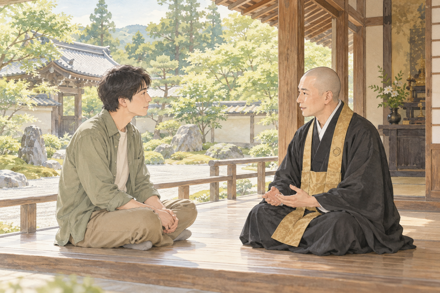 お寺の縁側で日本の僧侶に不安を話す人